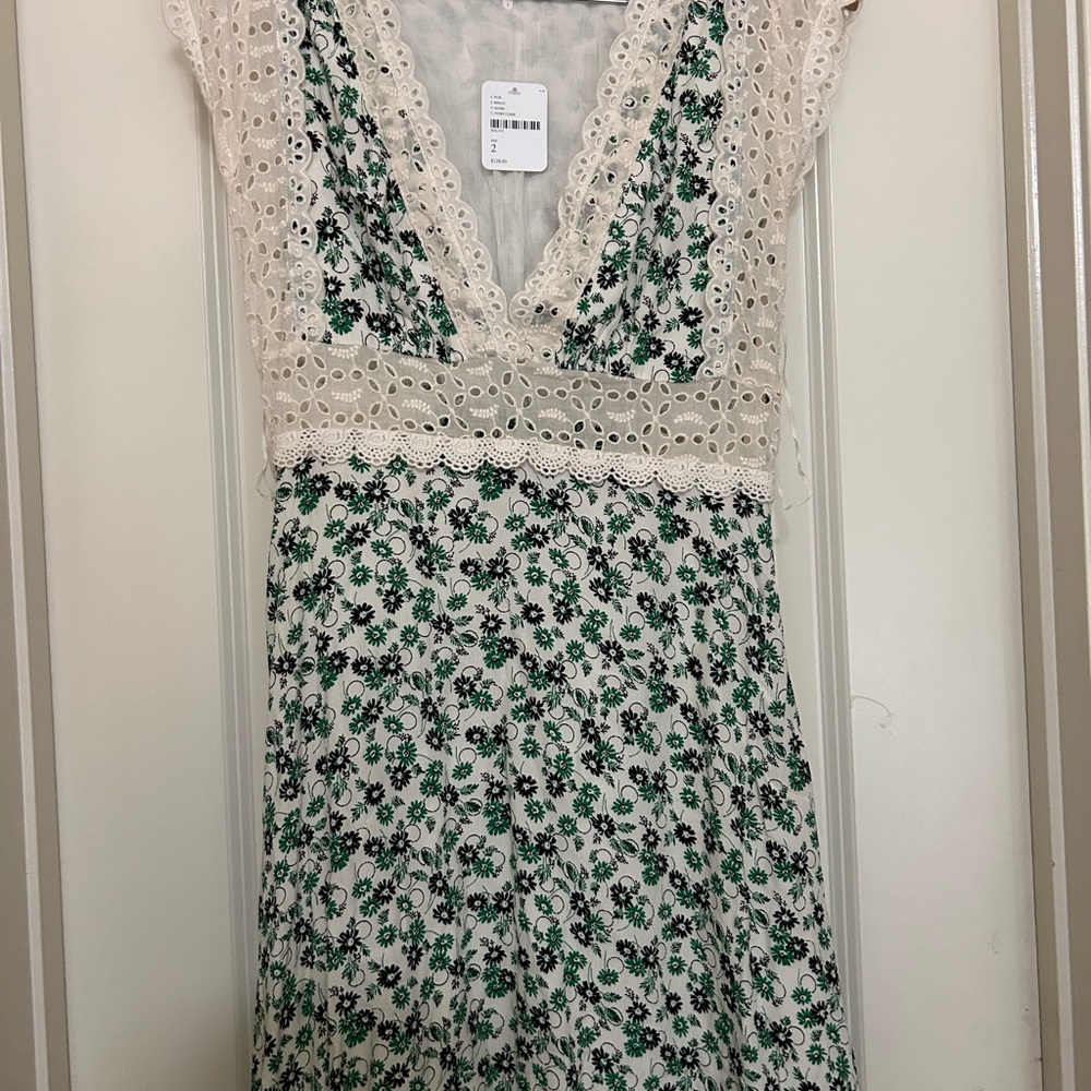 Free People Cream and Green Floral Mini Dress